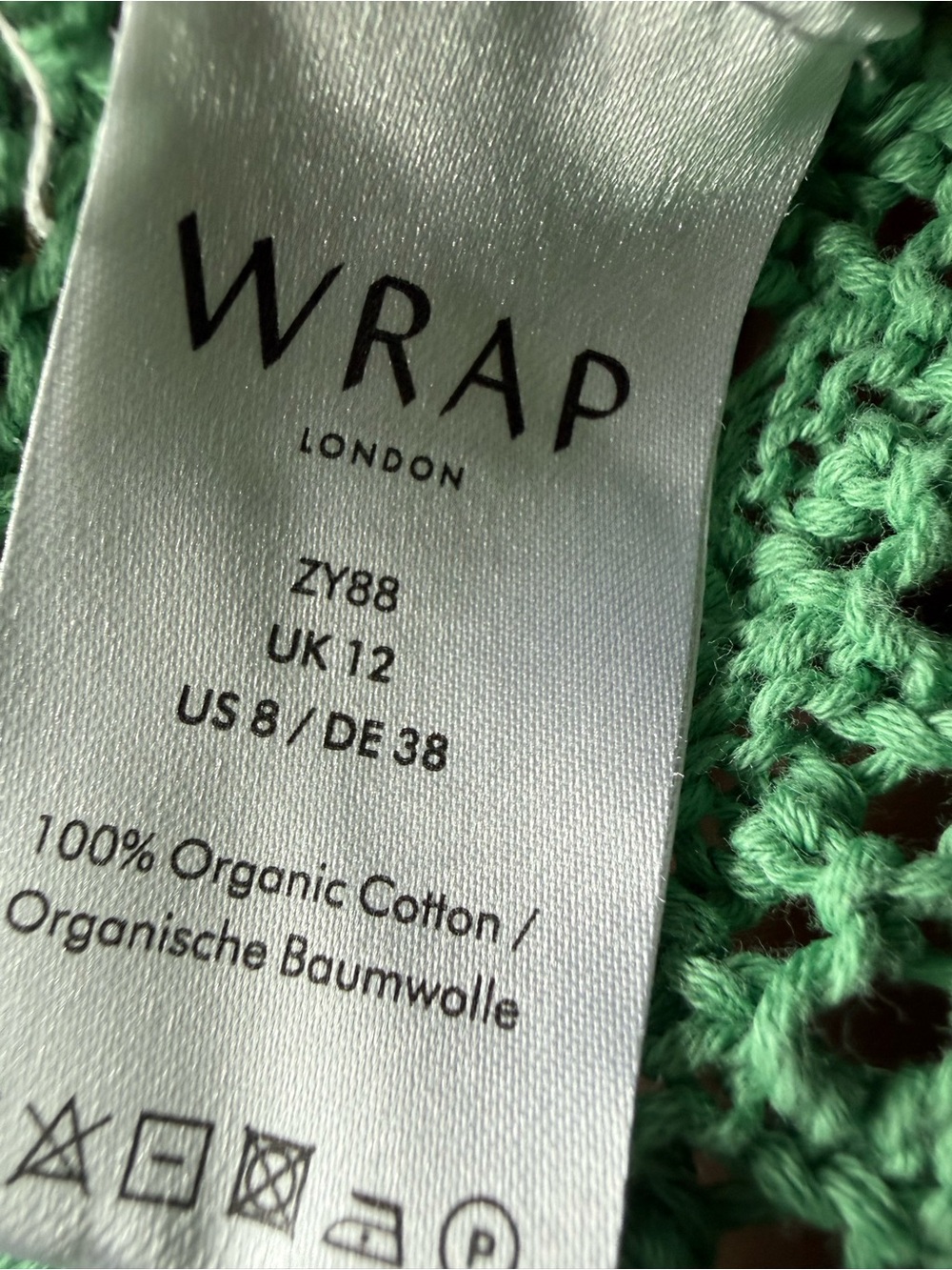Wrap London Kelly Green Knit Cardigan Size 8 Organic Cotton Ties Crop Crochet - Picture 6 of 6